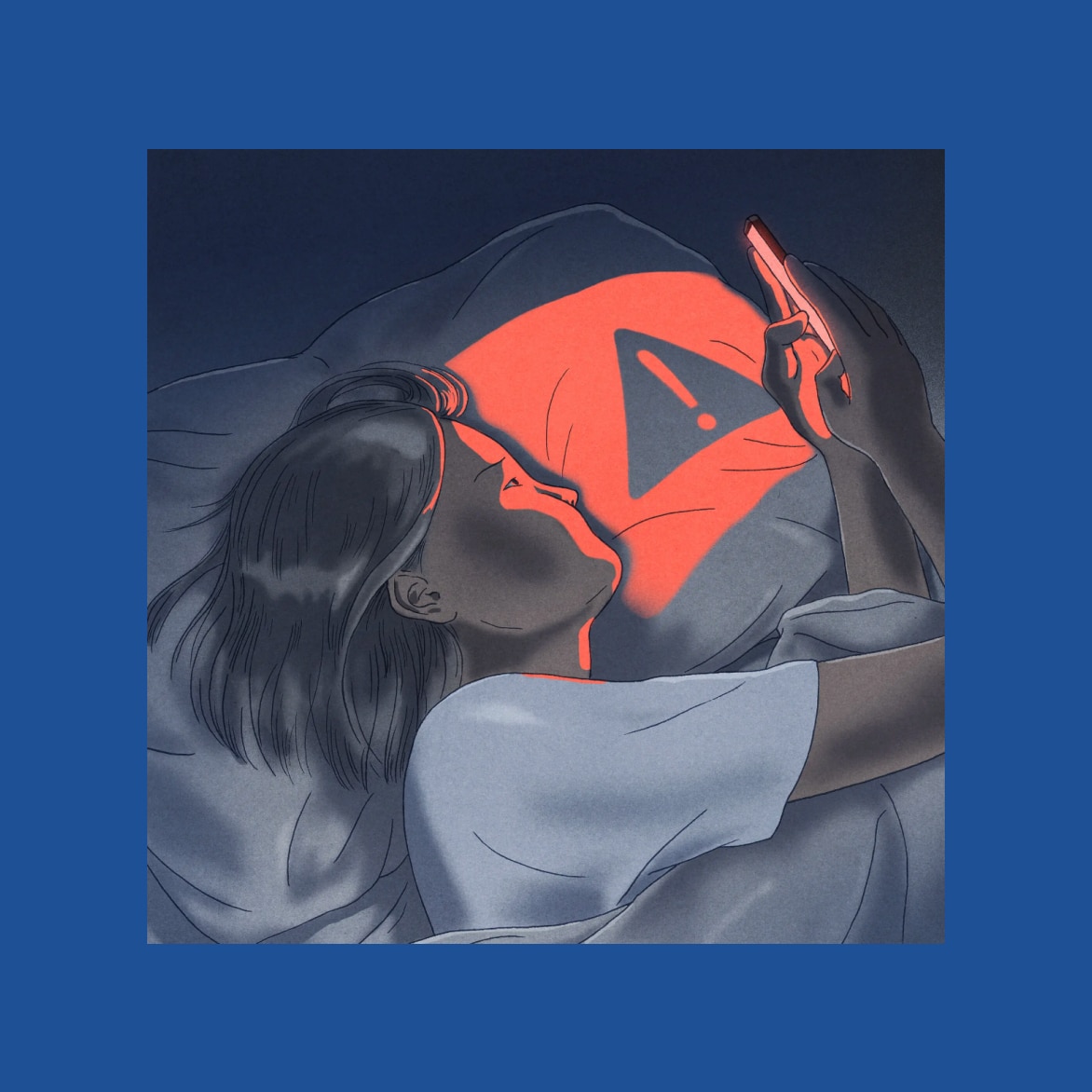 An illustration of a girl lying in bed in a darkened room. The glow from her phone illuminates her pillow with a warning sign, a triangle with an exclamation point inside it.